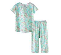 CHUNG Women Pyjama Set Short Sleeve Top Capri Pants Cotton Blend Loungewear Pjs Floral Animal Print S-3XL Green Paisley, L