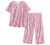 CHUNG Women Pyjama Set Short Sleeve Top Capri Pants Cotton Blend Loungewear Pjs Floral Animal Print S-3XL Pink Paisley, L