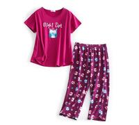 CHUNG Women Pyjama Set Short Sleeve Top Capri Pants Cotton Blend Loungewear Pjs Floral Animal Print S-3XL Magenta Owl, 2XL