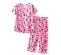 CHUNG Women Pyjama Set Short Sleeve Top Capri Pants Cotton Blend Loungewear Pjs Floral Animal Print S-3XL Pink Toucans, S