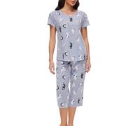 CHUNG Women Pyjama Set Short Sleeve Top Capri Pants Cotton Blend Loungewear Pjs Floral Animal Print S-3XL Cozy Cat, 2XL