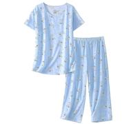 CHUNG Women Pyjama Set Short Sleeve Top Capri Pants Cotton Blend Loungewear Pjs Floral Animal Print S-3XL Simple Line Cat, L
