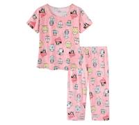 CHUNG Women Pyjama Set Short Sleeve Top Capri Pants Cotton Blend Loungewear Pjs Floral Animal Print S-3XL Pink Cup Cat, M