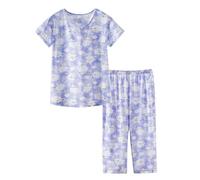 CHUNG Women Pyjama Set Short Sleeve Top Capri Pants Cotton Blend Loungewear Pjs Floral Animal Print S-3XL Cloud Cat, L