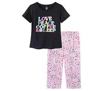 CHUNG Women Pyjamas Set Ladies Short Sleeve Tops Shirt Cropped Pants Capri Length Bright Color, Black XL