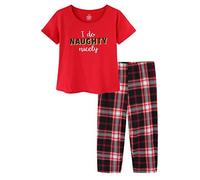 CHUNG Women Pyjamas Set Ladies Short Sleeve Tops Shirt Cropped Pants Capri Length Bright Color, Red Tartan S