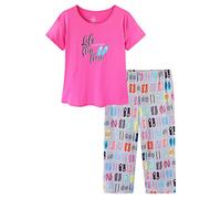 CHUNG Women Pyjamas Set Ladies Short Sleeve Tops Shirt Cropped Pants Capri Length Bright Color, Slipper M