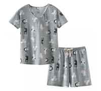 CHUNG Women Short Pajama Set Ladies Cotton Print Short Sleeve Top Pyjama shorts 2 Pcs V-neck T-Shirt & Bottom Pants Loungewear Size 2XL, Cozy Cat