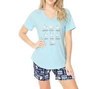 CHUNG Women Short Pajama Set Ladies Cotton Print Short Sleeve Top Pyjama shorts 2 Pcs V-neck T-Shirt & Bottom Pants Loungewear Blue Cat, S