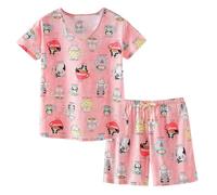 CHUNG Women Short Pajama Set Ladies Cotton Print Short Sleeve Top Pyjama shorts 2 Pcs V-neck T-Shirt & Bottom Pants Loungewear Size S, Orange Cup Cat