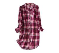 CHUNG Women Sleep Shirt Ladies Nightshirt Long Sleeve Button Up Loungewear Flannel Cotton Plaid Sleepwear with Cute Pattern Burgndy L