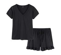 CHUNG Women's Pyjamas Set Solid Color Cotton Blend Short Sleeve T-shirt Top and Shorts with Ruffles (Small, Black)