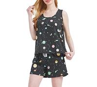 CHUNG Women's Short Pajama Set Cotton Tank Tee Top Pjs Shorts Cute Animals Print Summer Plus Size Black Universe, 2XL