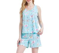 CHUNG Women's Short Pajama Set Cotton Tank Tee Top Pjs Shorts Cute Animals Print Summer Plus Size Blue Alpaca, M