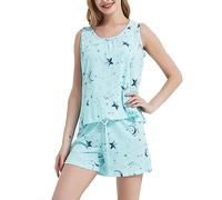 CHUNG Women's Short Pajama Set Cotton Tank Tee Top Pjs Shorts Cute Animals Print Summer Plus Size Green Star, M