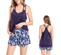 CHUNG Womens Short Pyjama Set Tank Top & Print Shorts Ladies Summer Pjs Cami Vest Sleeveless Spaghetti Strap Raceback Navy Daisy XL