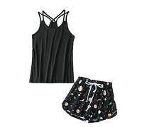 CHUNG Womens Short Pyjama Set Tank Top & Print Shorts Ladies Summer Pjs Cami Vest Sleeveless Spaghetti Strap Raceback Black Universe M