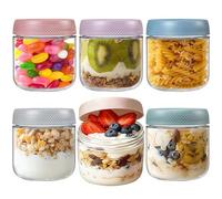 CHUNGG 6 Pcs 12 oz Overnight Oats Jar, Glass Jar with Screw Lid Leakproof Overnight Oats Container, Oatmeal Salad Jars, for Cereals Milk Fruit, Breakfast Pots with Lid, 4 Colors 350ml