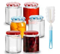 CHUNGG Glass Jam Jars with Lids, Small Mason Jars for Pickling and Preserving Food, Equipped with a Sponge Brush, Airtight Hexagonal use for Kitchen 300ml Clear Container (6 Set)