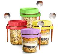 CHUNGG Overnight Oats Jar Container with Lids and Spoons, 4Pc 350ML Oats Jar Transparent Glass Jars with a Scale，Store Containers Grains Vegetables Fruits and Yogurt Pot