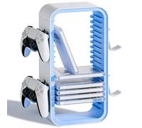 CHUNGG Universal Video Games Storage Tower DVD and Blu-Ray Disks, Controller Holders for 4, Intended for PS5/PS4/Switch and Xbox One/360/Series X/S/Game Cases, 19 Storage Rack (White&Blu)