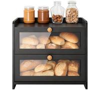 CHUNGG Wooden Bread Bin Double, Multi-Functional Storage Large Capacity Corner Bread Box for Kitchen with Transparent Acrylic Window, Simple Style Black