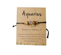 ChungLong0593 12 Constellation Zodiac Bracelet with Natural Stone Beads for Women, Adjustable Black Cord Star Sign Bracelet with Horoscope Card, One Size, Wood, no gemstone