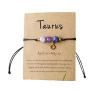 ChungLong0593 12 Constellation Zodiac Bracelet with Natural Stone Beads for Women, Adjustable Black Cord Star Sign Bracelet with Horoscope Card, One Size, Wood, no gemstone