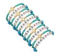 ChungLong0593 Jesus Loves You Beaded Bracelets for Women 4Pcs/Set Colorful Clay Bead Stretch Bracelets, Religious Christian Faith Jewelry Gifts for Church Baptism Birthday, One Size, Wood, no gemstone