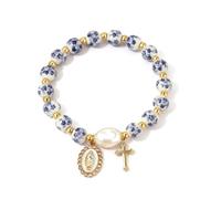 ChungLong0593 Stretchy Virgin Mary Bracelet with Cross Charm - Multi-Color Pearl Crystal Beaded Catholic Religious Jewelry for Women, Christian Gift for Baptism Confirmation First Communion, One Size
