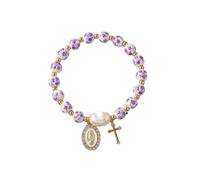 ChungLong0593 Stretchy Virgin Mary Bracelet with Cross Charm - Multi-Color Pearl Crystal Beaded Catholic Religious Jewelry for Women, Christian Gift for Baptism Confirmation First Communion, One Size