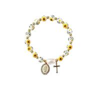 ChungLong0593 Stretchy Virgin Mary Bracelet with Cross Charm - Multi-Color Pearl Crystal Beaded Catholic Religious Jewelry for Women, Christian Gift for Baptism Confirmation First Communion, One Size