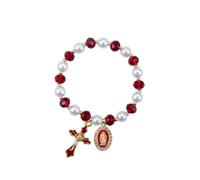 ChungLong0593 Stretchy Virgin Mary Bracelet with Cross Charm - Multi-Color Pearl Crystal Beaded Catholic Religious Jewelry for Women, Christian Gift for Baptism Confirmation First Communion, One Size