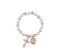 ChungLong0593 Stretchy Virgin Mary Bracelet with Cross Charm - Multi-Color Pearl Crystal Beaded Catholic Religious Jewelry for Women, Christian Gift for Baptism Confirmation First Communion, One Size