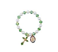 ChungLong0593 Stretchy Virgin Mary Bracelet with Cross Charm - Multi-Color Pearl Crystal Beaded Catholic Religious Jewelry for Women, Christian Gift for Baptism Confirmation First Communion, One Size
