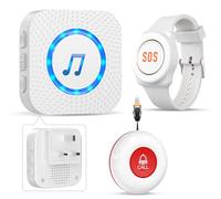 ChunHee Personal Alarms For Elderly - Elderly Alarm Call Button 5 Level Volume with IP55 Waterproof Panic Button, Wristband Button & UK Plug Receiver