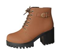 Chunky Ankle Boots for Women Side Zipper Casual Boot Shoes Brown