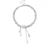 Chunky Baroque Pearl Tassel Choker,Silver Irregular Chain Pearl Statement Necklace,Geometric Bead Chain Fringe Short Necklace Y2k Jewelry