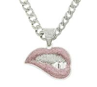 Chunky Bling Iced Out Cuban Link Chain Necklace Choker for Men Women,Large Sparkly Fake Diamond Chain Biting Lips Pendant,Miami Rhinestone Necklace Hip Hop Cool Punk Jewelry, L, Stainless Steel, Cubic