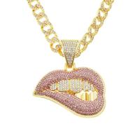 Chunky Bling Iced Out Cuban Link Chain Necklace Choker for Men Women,Large Sparkly Fake Diamond Chain Biting Lips Pendant,Miami Rhinestone Necklace Hip Hop Cool Punk Jewelry, L, Stainless Steel, Cubic