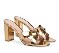 Chunky Block Heel Mules for Women Open Toe Backless Slip On Heeled Slide Sandals Gold Bow Decor Pumps Slippers