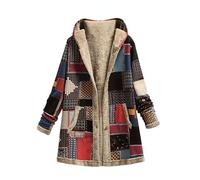 Chunky Cardigans For Women Uk Patchwork Print Fleece Lined Jacket Thermal Lounge Wear Hooded Coat Boho Style Long Sleeve Button Front Ladies Long Cardigan Fleece Winter Outwear XXL