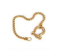 Chunky Charm Bracelet Stainless Steel Foxtail Wheat Chain Bracelet Heavy Screw Anchor Shackle Horseshoe Bracelets (GoldSmall)
