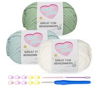 Chunky Cotton Yarn for Crochet 3x100g Thick Wool for Knitting Crochet Yarn with 4mm Hook Starter Kit for Beginners Amigurumi Projects (Avocado Green+Mint Green+Off-White)