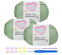 Chunky Cotton Yarn for Crochet 3x100g Thick Wool for Knitting Crochet Yarn with 4mm Hook Starter Kit for Beginners Amigurumi Projects (Avocado Green-3)