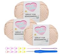 Chunky Cotton Yarn for Crochet 3x100g Thick Wool for Knitting Crochet Yarn with 4mm Hook Starter Kit for Beginners Amigurumi Projects (Beige-3)