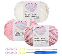 Chunky Cotton Yarn for Crochet 3x100g Thick Wool for Knitting Crochet Yarn with 4mm Hook Starter Kit for Beginners Amigurumi Projects (Off-White+BabyPink+Lavender-Striped)