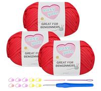 Chunky Cotton Yarn for Crochet 3x100g Thick Wool for Knitting Crochet Yarn with 4mm Hook Starter Kit for Beginners Amigurumi Projects (Red-3)