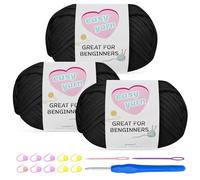 Chunky Cotton Yarn for Crochet 3x100g Thick Wool for Knitting Crochet Yarn with 4mm Hook Starter Kit for Beginners Amigurumi Projects (Black-3)