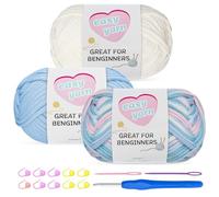 Chunky Cotton Yarn for Crochet 3x100g Thick Wool for Knitting Crochet Yarn with 4mm Hook Starter Kit for Beginners Amigurumi Projects (Off-White+SkyBlue+LightBlue-Striped)